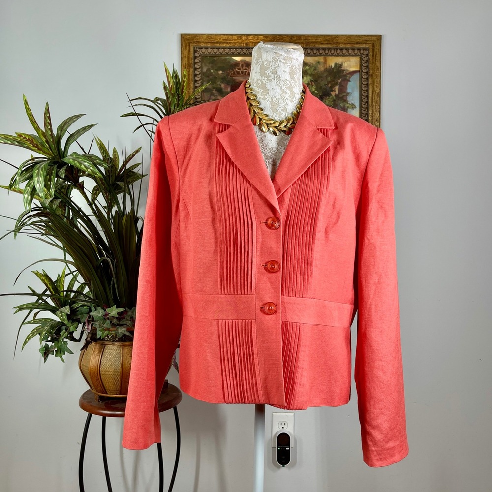 Kim Rogers Blazer Womens 16 Coral Linen Rayon Pintuck Pleated Suit Jacket